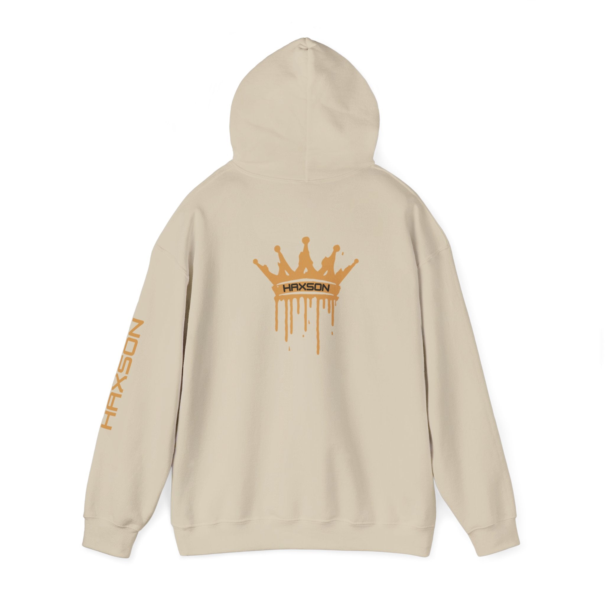 Haxson sand hoodie back view hood up