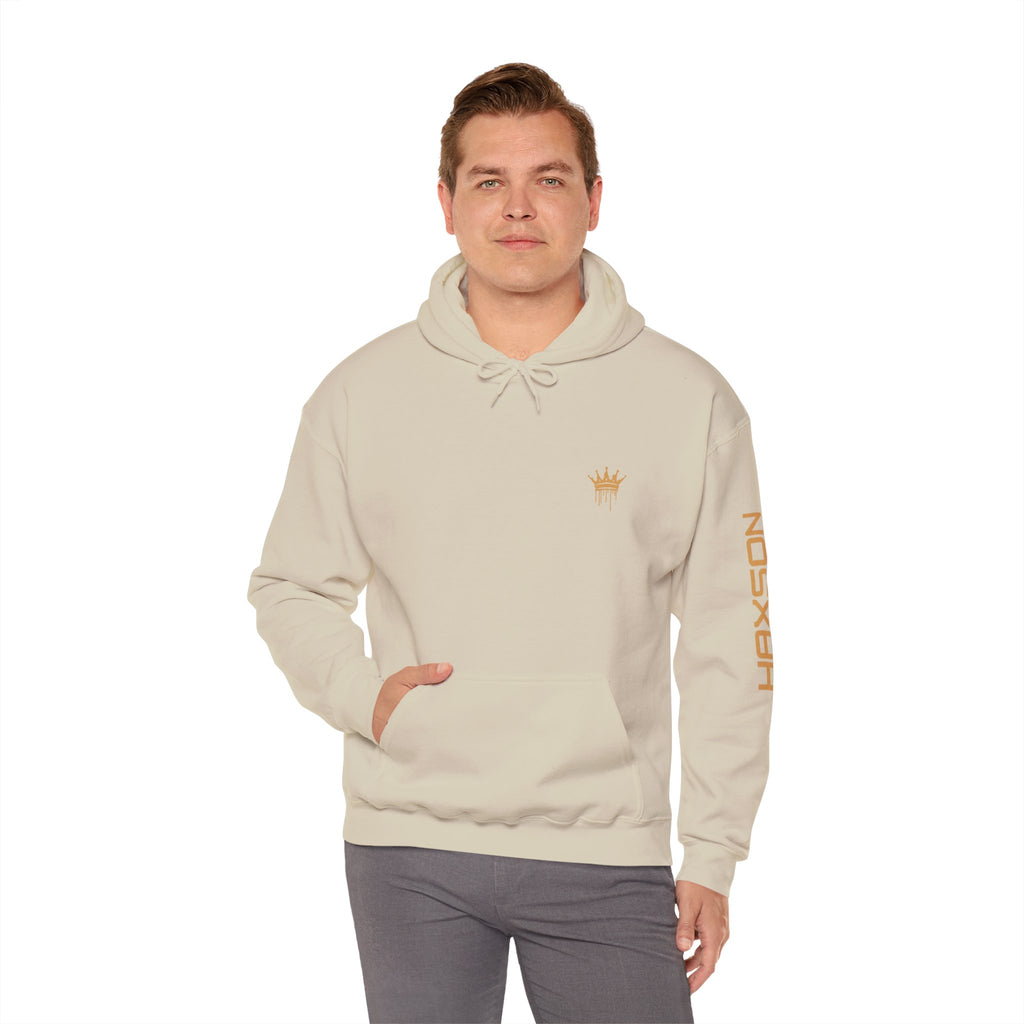 Haxson sand hoodie UK model wearing