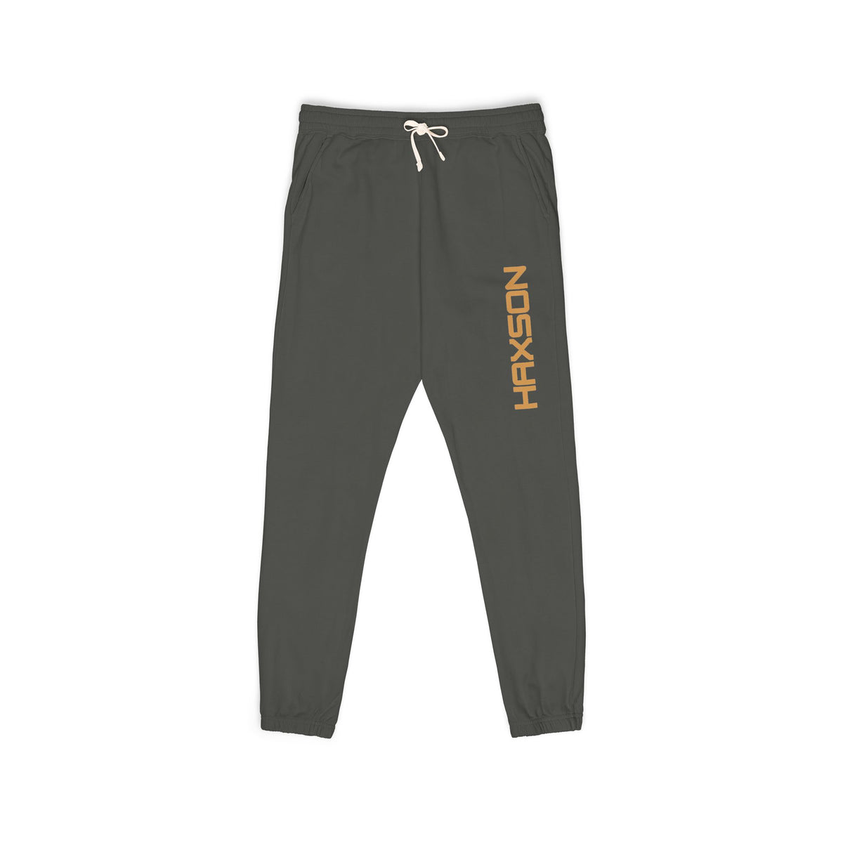 HAXSON Pepper Sweatpants with gold vertical logo and white drawstring