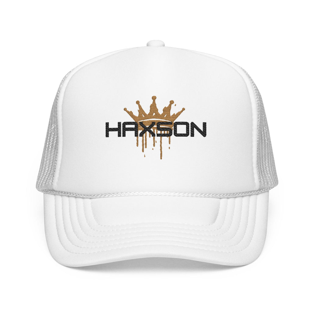 HAXSON Crown Trucker Cap in white with black and gold logo