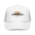 HAXSON Crown Trucker Cap in white with black and gold logo
