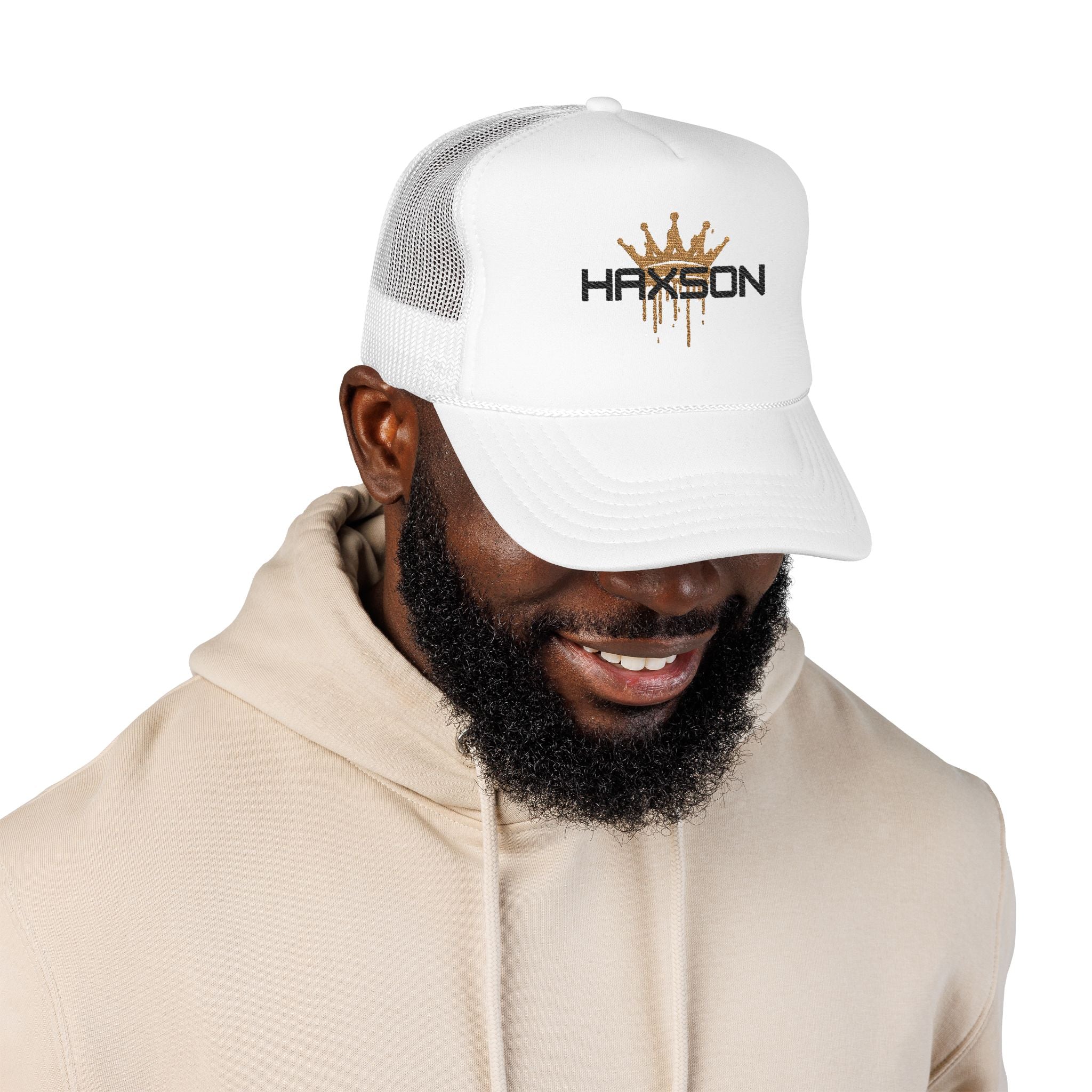 HAXSON Crown Trucker Cap in white with black and gold logo