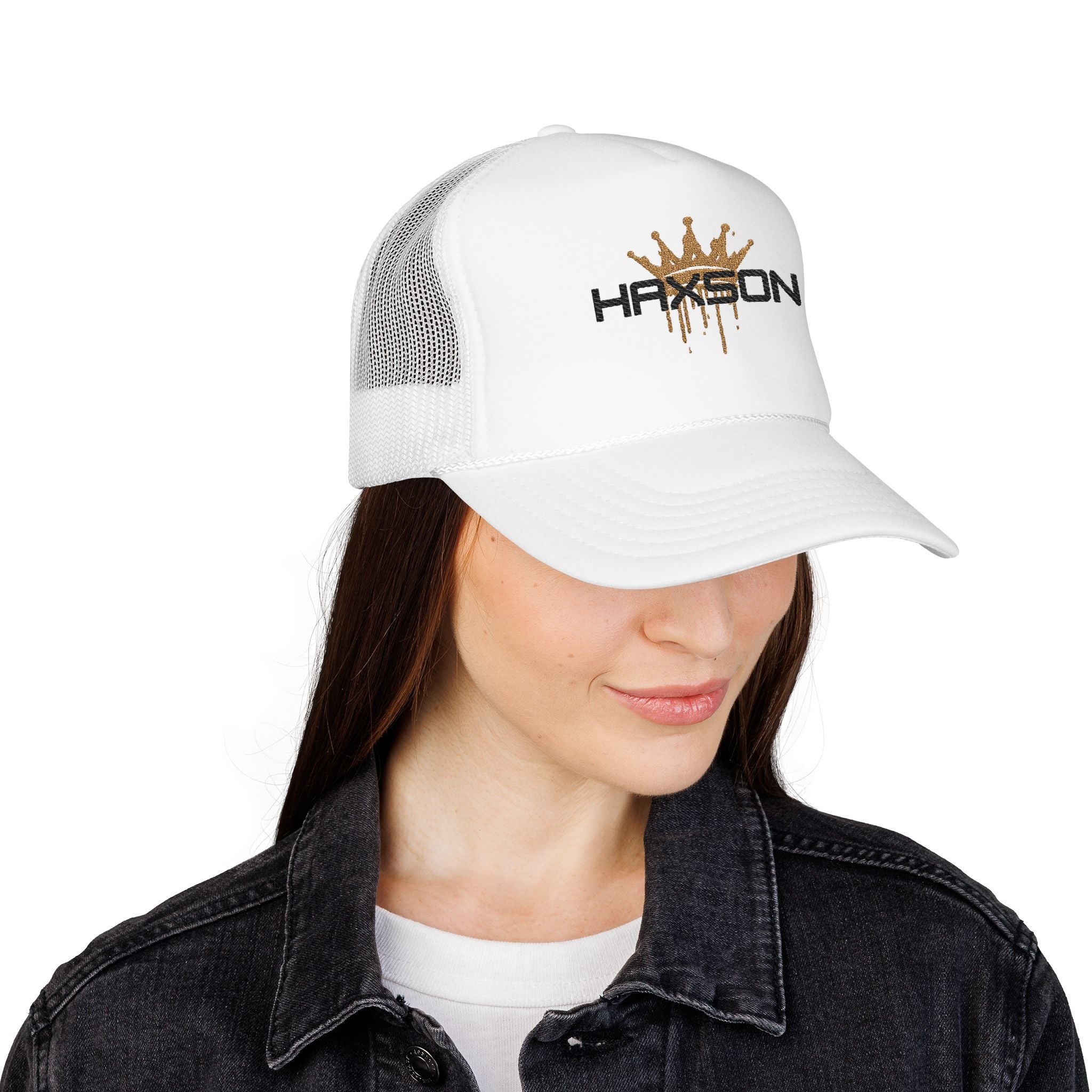 HAXSON Crown Trucker Cap in white with black and gold logo