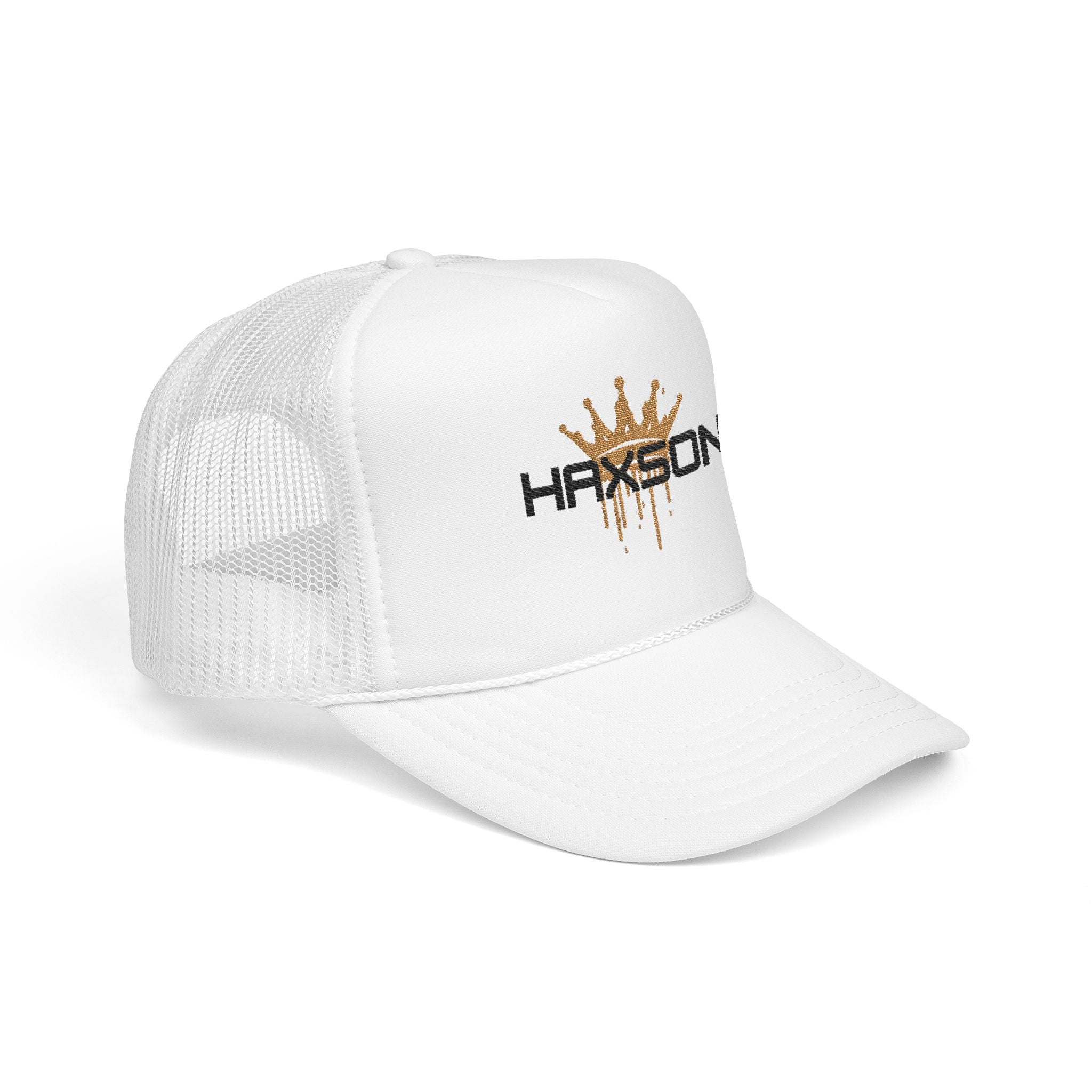 HAXSON Crown Trucker Cap in white with black and gold logo